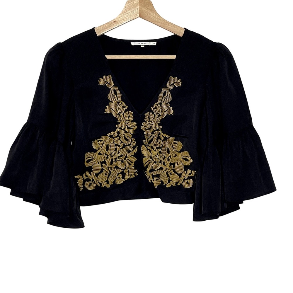 TULAROSA  HARPER  BLACK ‎ BELL SLEEVE  GOLD EMBROIDERY  CROP TOP SIZE XXS